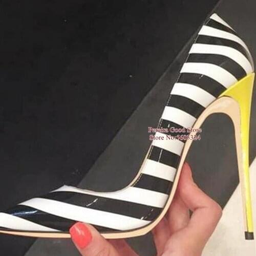Sexy Yellow Heels Zebra Stripe Pattern Stiletto Heels Pumps Pointed Toe Printed Patent Leather Shallow Dress Shoes 12CM 10CM 8CM
