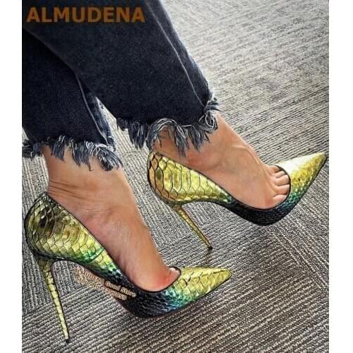 ALMUDENA Yellow Green Gradient Color Snakeskin High Heels Sexy 12cm Thin Heel Pointed Toe Dress Pumps Luxury Banquet Shoes