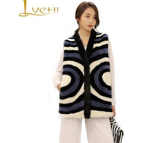 LVCHI Winter 2019 Striped Circle Vest Mink Fur Coats Womens V-Neck Sleeveless Real Fur Coat Loss Full Pelt Causal Mink Coats