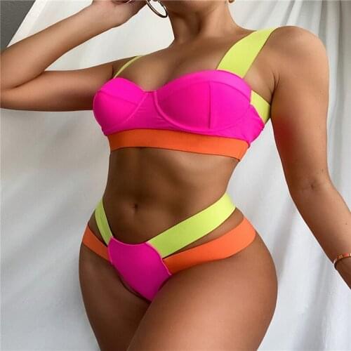 2021 Woman Push Up Stitching Color Bikini Summer Sexy Beach Bikini For Ladies Fashion Biquinis Bathing Suit Swimsuits