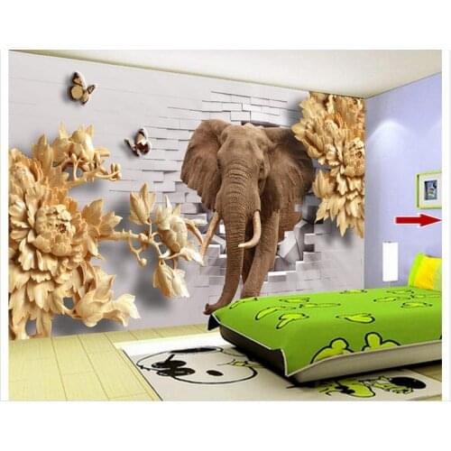 Customized 3d wallpaper 3d wall murals wallpaper Solid wood carving peony flower elephant brick TV wall living room wallpaper