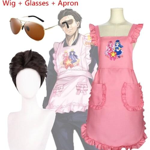 Anime The Way of the Househusband Pink Apron Tatsu Cosplay Gokushufudo the Immortal Dragon Short Black Brown Wig Brown Glasses