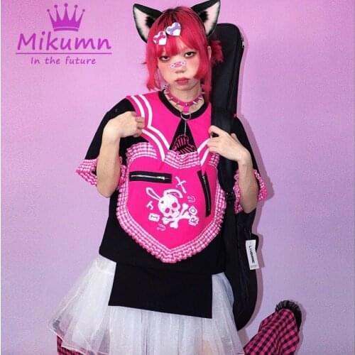 Japanese Harajuku Girls Punk Style Black Pink Love Skull Print O-neck Short Sleeve Loose T-Shirt Tops