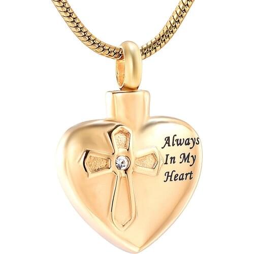 IJD12442 Stainless Steel Always In My Heart Crystal Cross Cremation Pendant Jewelry for Ashes Memorial Necklace Souvenir Jewelry