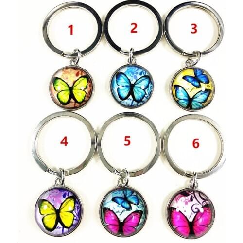 Jiangzimei 24pcs/lot (Mixed 12 styles)Rose,pink,blue Butterfly Glass cartoon key ring for Girls key chain wholesale Best gift