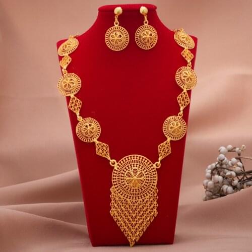 24K Dubai Gold Color Jewelry Sets For Women African India Party Wedding Necklace Pendant Earrings Jewellery Set Engagement Gifts