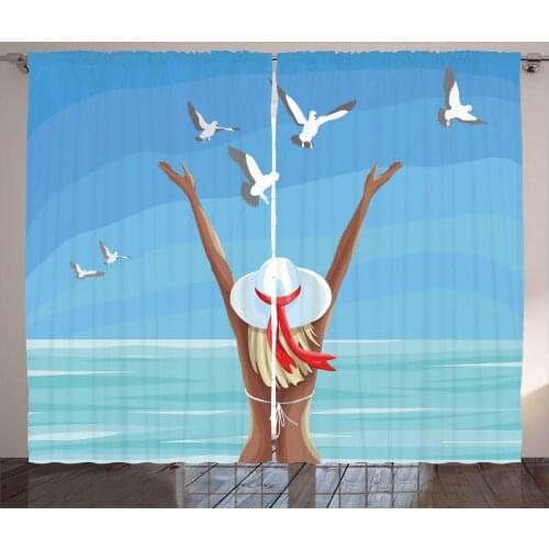 Summer Lady Curtains Woman on the Beach Coast Cartoon Satin Fabric Drapes for Living Room Bedroom 2 Panel Window Set