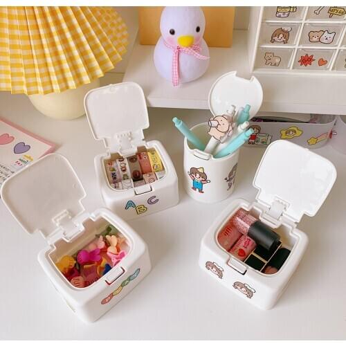 Cute Simple Plastic Desktop Stationery Holder Cotton Swabs Cosmetics Lipsticks Tapes Storage Box Home Office Desk Organizer