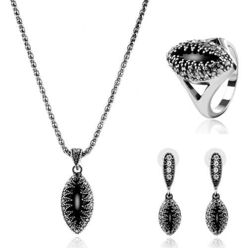 New Fine Bijoux Vintage High Quality 3pcs/sets Turkish Jewelry Set For Women Fashion Ring Earrings Necklace Wedding Design