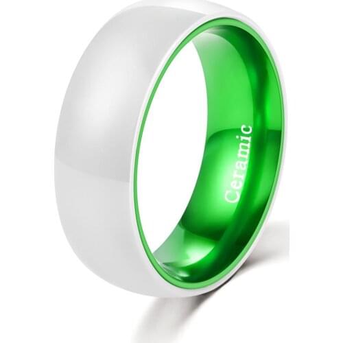 8mm Width White Ceramic Wedding Rings with Green Tones Aluminum Interior for Fiance Dome Band Comfort Fit Size 6-13