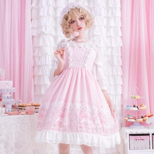 Original Sky Dream Pink Jsk Sweet Girl Kawaii Princess Dress Women Lolita Dress Cosplay Costume Lace Edge Sling Dress