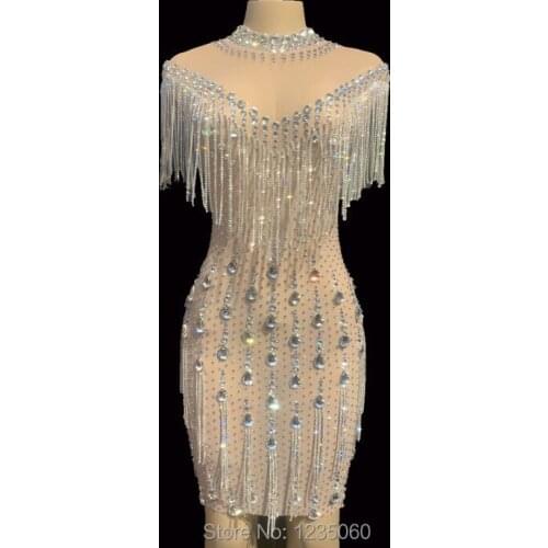 Crystals Fringes See Through Mesh Dress Women Birthday Party Celebrate Stones Dress Bar Nightclub Women Dance Costume YOUDU