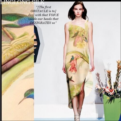 SILK LINEN FABRIC 14m/m Width 55"-140cm30%Silk Fabric+70%Linen Dress Fabric Pattern Patchwork Fabric Yellow Birds Pattern