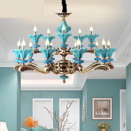 Mediterranean blue ceramic French Chandelier Lighting zinc alloy luxury candle Modern Led Chandeliers bedroom living room lamp