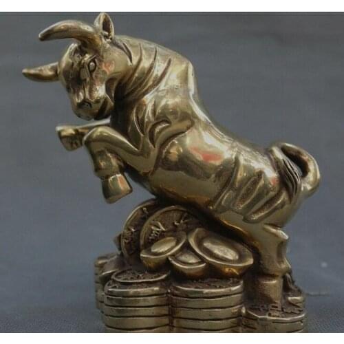 Old Chinese brass Feng Shui auspicious wealth yuanbao coin Zodiac Cattle statue