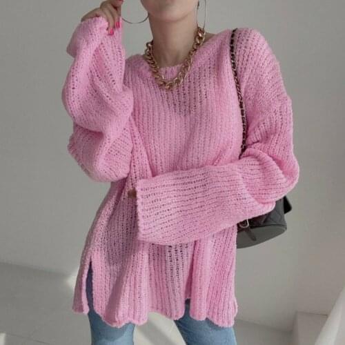 Korea Sweet Autumn and Winter Age Reduction Candy Color Loose Round Neck Wild Split Pullover Long-Sleeved Knitted Sweater Women