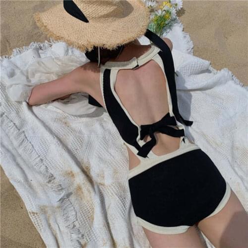 2021 Korean Knitted Hollow Open Back Dark Buckle Lace-Up Swimsuit Sexy Temperament Cover Belly Was Thin Hot Spring Retro Bikini