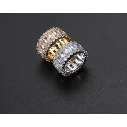 Hip Hop Square Cubic Zirconia Tennis Chain Rings Women Men 1 Row CZ Bling Iced Out Gold Ring Men Rapper Jewelry Drop Shipping