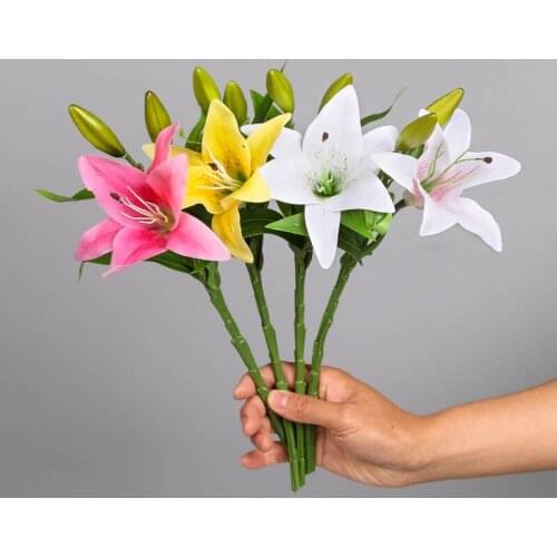 High Quality 3 Head Artificial Greenish Lily Flower Family Wedding Decoration Silk Flowers