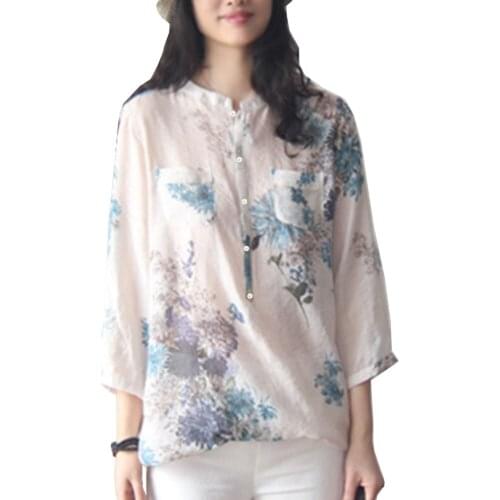 Long Blouse Women Vintage Floral Printed Blouse Elegant Lady 3/4 Sleeve Brand Shirt Loose Casual Big Size Top