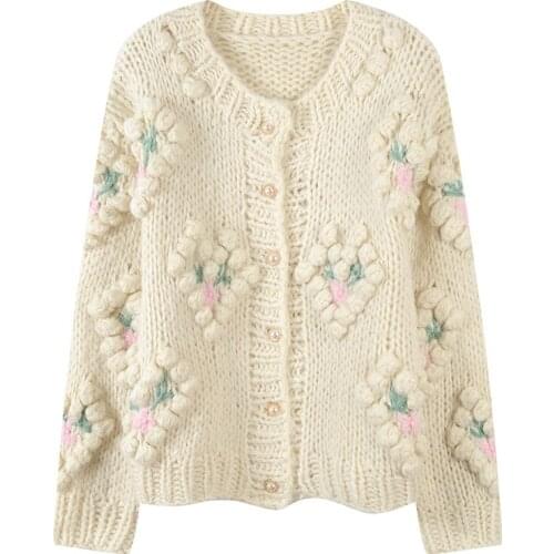 High Quality Winter Christmas 3d Chain Link Flower Vintage Cute Sweater Coat Women Loose Coat Elegant Thick Wool Cardigan White