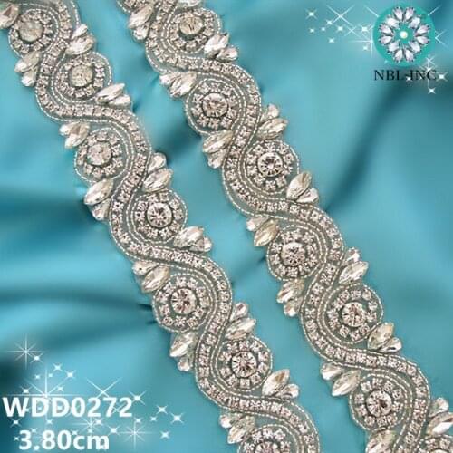 10 yards) Wholesale iron on bridal beaded sewing silver crystal rhinestone applique trim for wedding dress sash belt WDD0272