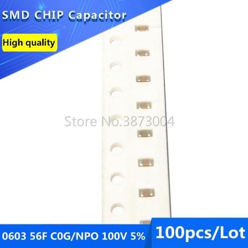 100pcs 0603 56F C0G/NPO 100V 5% SMD Chip Capacitor