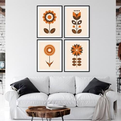 Abstract Geometric Flowers Brown Orange Wall Art Canvas Painting Posters Prints Room Decor Picture For Bedroom Home Decoration