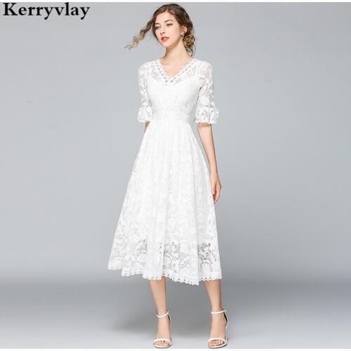 French Summer Princess White Lace Dress Vestidos Casual Mujer 2021 Large Swing Midi Beach Party Dress Robe Blanche Femme K9011