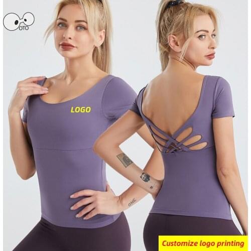 Quick Dry Elastic Padded Built-in Bra Running Shirts Women Backless Workout Yoga Tops Gym Fitness Sportswear T-Shirt Custom 2021