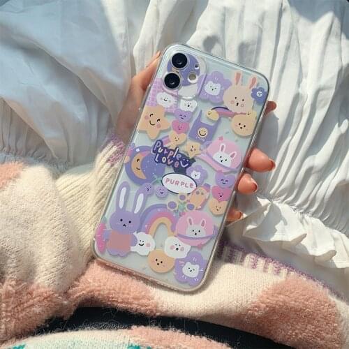 Korean Purple Heart Bear Rabbit Phone Case For iPhone 12 11 Pro Max XR XS Max 7 8 Plus SE2020 Soft TPU Shock Proof Back Cover