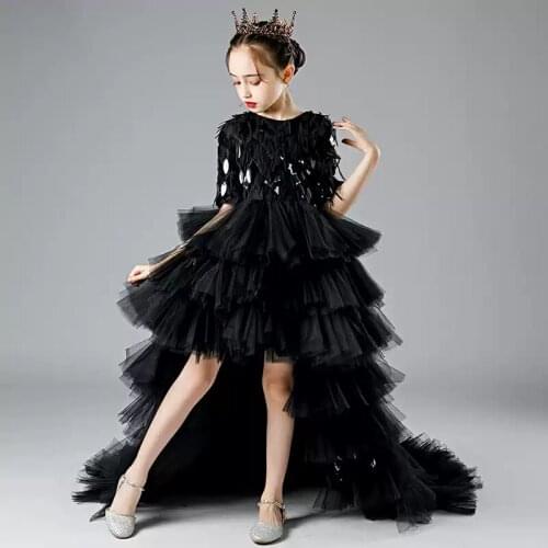 Flower Girl Dresses Illusion O-Neck Sequined Embroidery Princess Knee-Length Tulle Lace Half Luxury Black Kids Party Gown H428