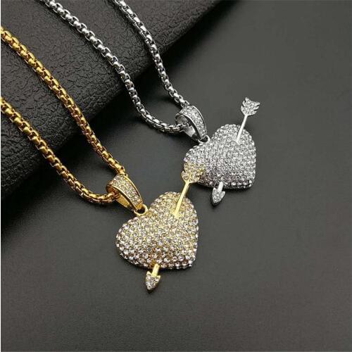 Dropshipping Bling Bling Iced Out Heart With Arrow Necklace Pendant Cubic Zirconia Gold Silver Color CZ Chains Hiphop Jewelry