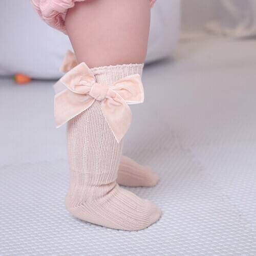 2020 New Baby Girl Solid Color Knee High Socks Winter Warm Rib Knitted Stockings with Big Velvet Bow for Infants Toddlers