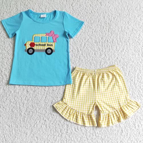 Hot sale kids designer clothes girls outftis back to school milk silk embroidery baby girls summer clothes children boutique set