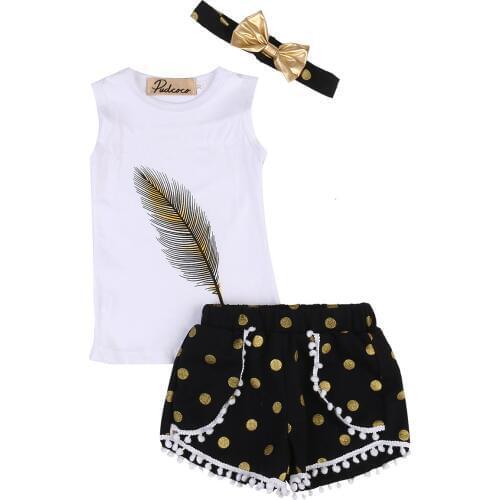 Hi Hi Baby Store Kids Girls Feather Printed Sleeveless Vest +Shorts +Bottom Headband Cotton 3PCS Outfits