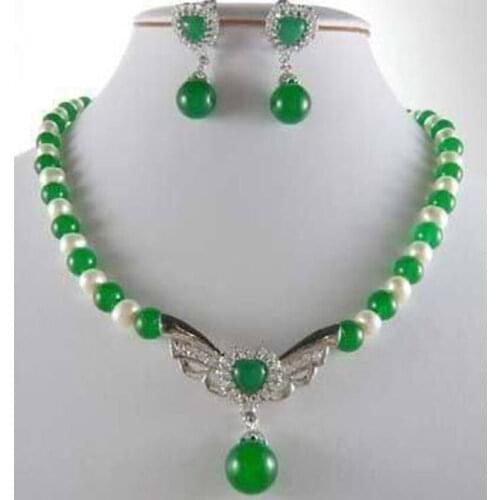 7-8mm Natural White Akoya Pearl&Green Jade Necklace earrings Set 18"