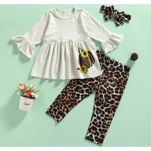 Spring Fall Baby Girls 3PCS Outfits Set Long Sleeve Ruffle T shirt Tops Leopard Pants Headband Childrens Clothing Sets