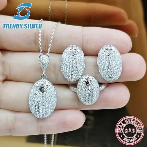 Complete pure 925 sterling silver zirconia clear CZ luxury jewelry set ring earrings for woman pendant necklace trendy design