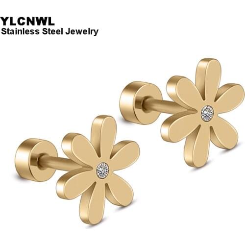 2020 Fashion Stainless Steel Flower Earrings For Women Girl Gold Color Rhinestone Cute Children Jewelry Screw Back
