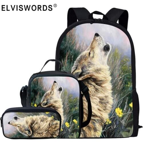 ELVISWORDS Fashion School Bags 3Pcs/Set Cool Wolf Printed Black Schoolbags Bookbags For Teenager Boys Cool Men Shoulder Backpack