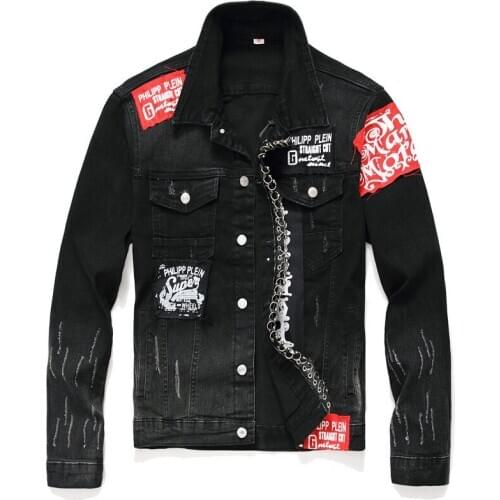 2020 Fall Slim Printed Patch Men Denim Jacket Stretch Lapel Denim Coat Long-sleeve Trendy Youth Male Black Jacket