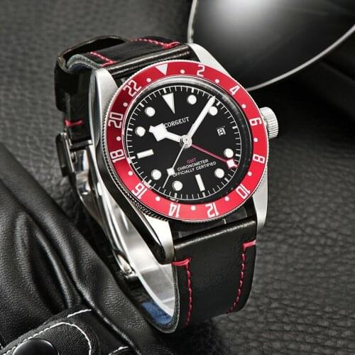 CORGEUT 41MM Mens Sapphire Red Rotating Bezel Black Dial PVD Seagull Automatic Mechanical Watch Miyota Movement часы мужские