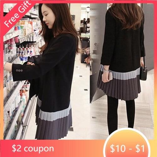 912# Autumn Winter Fashion Maternity Shirts Pleated Patchwork A Line Loose Clothes for Pregnant Women Slim Black Pregnancy Tops