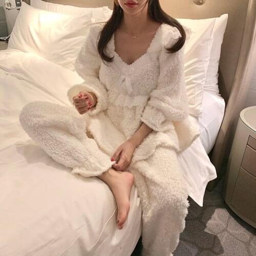Autumn Winter Women‘s Cute White Flannel Pajama Sets/Nightgown.Vintage Ladies Girls Lace Ruffle Pyjamas Set.Sleep Loungewear