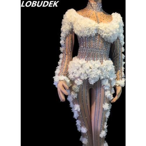 Autumn Winter Nightclub Women Costume Pink White Flower Rhinestones Elastic Jumpsuit Birthday Celebration Outfit Lady Stage Wear