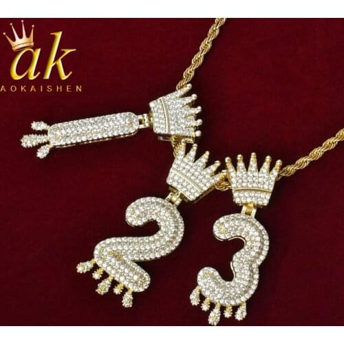 Initial Letters Crown Bail Necklaces Pendant for Women Gold Color Cubic Zircon Hip Hop Jewelry
