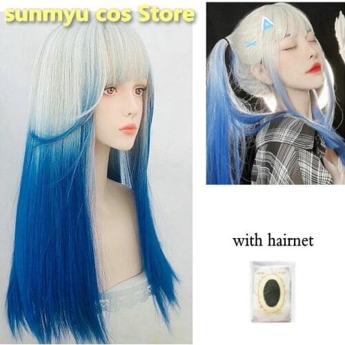 Wig long straight hair Lolita girl blue gradient color natural cosplay Heat-resistant Synthetic wigs women