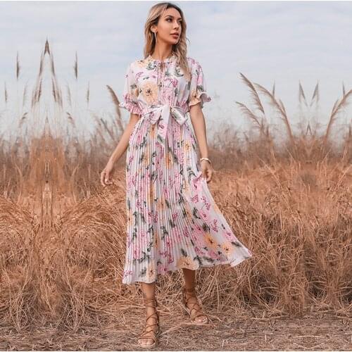 Witbuy Bohemian Floral Print Woman Summer Maxi Dress Ruffled Neck Lady Short Sleeve With Belt Elegant Sundress For Women 2021