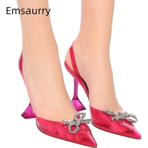 Jelly Color PVC Transparent Sandals Women Clear Crystal Goblet Heel Point Toe Back Strap Rhinestone Bowtie Summer Sandalias